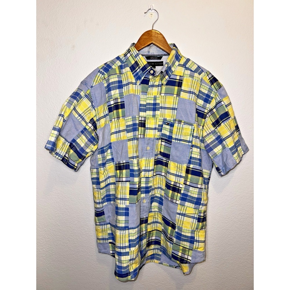 Vintage Tommy Hilfiger Men's Button Up Patchwork Madras‎ Shirt Size Large
